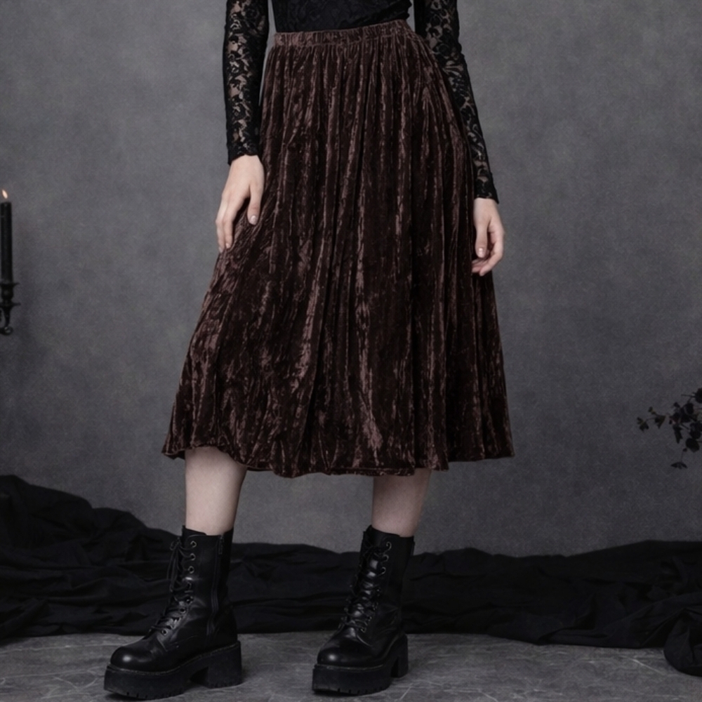 Y2K Crushed Velvet Witchy Fairy Grunge Whymsigoth Brown Pull-On Full Midi Skirt